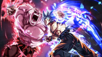 2boys abs alien artist_request bald bare_pectorals battle black_eyes dougi dragon_ball dragon_ball_super dragon_ball_xenoverse fighting gloves grey_eyes grey_hair highres imminent_attack imminent_punch jiren knee_up male_focus multiple_boys muscular muscular_male nipples no_pupils official_art official_wallpaper open_mouth pectorals pride_trooper_uniform short_hair son_goku spiked_hair teeth third-party_source tongue topless_male torn_clothes tournament_of_power ultra_instinct veiny_face white_gloves