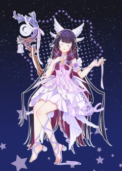 1girl black_hair blue_background closed_eyes columbina_(genshin_impact) commentary_request dress fcc_(fengcheche) flower full_body genshin_impact hair_ornament hand_on_own_chest hands_up highres invisible_chair long_hair low_wings multicolored_hair parted_lips purple_flower purple_hair sitting sleeveless sleeveless_dress solo staff very_long_hair white_dress white_wings wing_hair_ornament wings