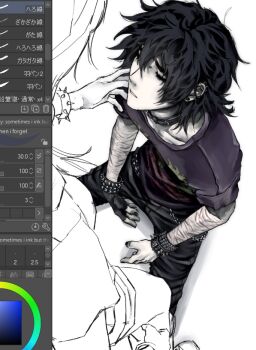 2boys art_program_in_frame black_gloves black_hair black_nails black_pants choker closed_eyes closed_mouth earrings face_piercing fingerless_gloves gloves jewelry kidutuskone male_focus multiple_boys nose_piercing original pants piercing self-harm_scar short_hair spiked_wristband