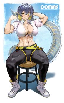 1girl abs absurdres arm_behind_head belt black_leggings black_shorts blonde_hair blue_hair blue_tail bone boots breasts buckle character_request cleavage collared_shirt colored_inner_hair commentary commission crossed_bangs dress_shirt english_commentary facial_mark full_body hair_between_eyes hand_up highres large_breasts leggings leggings_under_shorts long_tail mark_under_both_eyes monster_girl multicolored_hair multiple_belts navel no_bra on_stool open_clothes open_shirt original park_ongjol pointy_ears scales see-through_tail shirt short_hair short_shorts short_sleeves shorts sitting slit_pupils smile snake_tail snap-fit_buckle solo stomach stool tail tied_shirt toned toned_female triangle triangle_facial_mark two-tone_hair unbuttoned unbuttoned_shirt utility_belt v-shaped_eyebrows white_boots white_shirt yellow_belt yellow_eyes
