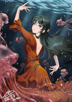 1girl arms_up breasts brown_dress bubble dancer dancing dated dress esw_artca flamenco flamenco_dress full_body green_eyes green_hair green_nails hair_ornament hairclip highres jellyfish long_hair long_sleeves looking_at_viewer medium_breasts open_mouth ripples sakurajima_mai seishun_buta_yarou solo spanish_clothes underwater underwater_shot