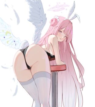 1girl alternate_costume animal_ears ass banpen bare_shoulders bent_over black_leotard blue_archive blush breasts chair commentary_request fake_animal_ears fake_tail feet_out_of_frame hair_bun halo highres large_breasts legs leotard long_hair looking_at_viewer mika_(blue_archive) parted_lips pink_eyes pink_hair pink_halo playboy_bunny rabbit_ears rabbit_tail simple_background sleeveless solo tail thighhighs thighs white_background white_thighhighs white_wings wings