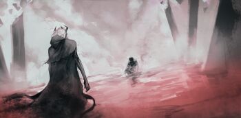 2boys absurdres ambiguous_red_liquid black_robe black_tunic commission dual_persona dutch_angle faceless fog highres hood hood_down horns kneeling logicsterrr long_hair mad_prince male_focus mask multiple_boys oni_mask reflection robe second-party_source shadow_slave sunny_(shadow_slave) tunic white_hair