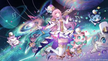 1girl alternate_costume aqua_hair boots cyrene_(honkai:_star_rail) cyrene_(ripples_of_past_reverie)_(honkai:_star_rail) full_body fuzichoco gloves gradient_hair hat high_heel_boots high_heels highres holding honkai:_star_rail honkai_(series) hoyofair long_hair long_sleeves multicolored_hair parted_lips pink_hair purple_thighhighs shirt skirt smile thigh_boots thighhighs thighhighs_under_boots very_long_hair white_boots white_gloves