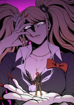 Rule 34 | 1boy, 1girl, ahoge, black jacket, breasts, commentary request, danganronpa: trigger happy havoc, danganronpa (series), enoshima junko, green hoodie, gyaru, highres, hood, hood down, hoodie, jacket, large breasts, naegi makoto, twintails, zouki 93