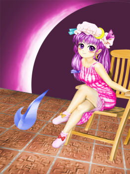 arm_support bare_shoulders blue_bow blue_ribbon blush_stickers bow bow_legwear breasts chair commentary_request crescent crescent_earrings crossed_legs dress earrings hair_bow hat hat_ribbon jewelry kams large_breasts long_hair looking_at_viewer mob_cap on_chair patchouli_knowledge pink_dress pink_socks purple_eyes purple_hair purple_ribbon red_bow ribbon sitting smile socks striped_clothes striped_dress thighs touhou twintails very_long_hair yellow_bow zun_(style)