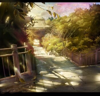 architecture bird branch building cloud cloudy_sky east_asian_architecture evening falling_leaves highres kamo_nasus. leaf nature no_humans original path railing road rural scenery shadow shrine sky stairs stone_lantern summer