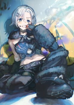 1girl arm_warmers belt black_arm_warmers black_belt black_pants black_shirt black_shoes blue_eyes clenched_teeth clothing_cutout crop_top curtained_hair diamond_cutout elbow_on_knee finger_in_own_mouth fingerless_gloves foreshortening gloves graffiti grey_hair hair_ornament hairclip headset highres idolmaster idolmaster_shiny_colors idolmaster_shiny_colors_song_for_prism jewel_under_eye looking_at_viewer midriff mouth_pull navel official_alternate_costume otsudou pants serizawa_asahi shirt shoes short_hair sitting sleeveless sleeveless_shirt solo teeth