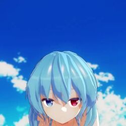 1girl 3d all_fours animated bare_shoulders blue_eyes blue_hair bouncing_breasts breasts cloud hanging_breasts heterochromia jewelry large_breasts looking_at_viewer mofumoko5 necklace nipple_slip nipples outdoors red_eyes short_hair sky smile solo tagme tatara_kogasa touhou video