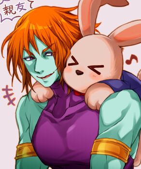 Rule 34 | > <, 2boys, abs, armor, blush, carrying, castlevania: aria of sorrow, castlevania: dawn of sorrow, castlevania (series), chronomage, colored eyebrows, colored skin, green skin, grey background, highres, looking at another, multiple boys, muscular, muscular male, musical note, orange hair, piggyback, pink fur, purple armor, purple eyes, rabbit, rabbit tail, simple background, tail, translated, user pjdc3332, vest, waistcoat, zephyr (castlevania)