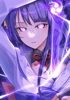 1girl absurdres arm_up armor back_bow blunt_bangs bow bridal_gauntlets close-up commentary_request electricity genshin_impact glowing glowing_eyes glowing_sword glowing_weapon hair_ornament head_tilt highres holding holding_sword holding_weapon human_scabbard japanese_clothes katana kimono long_hair long_sleeves looking_at_viewer mitsudomoe_(shape) mole mole_under_eye musou_isshin_(genshin_impact) neck_ribbon off_shoulder parted_lips pink_lips purple_eyes purple_hair purple_kimono purple_sash raiden_shogun red_ribbon ribbon sash shoulder_armor solo sword tamakage_(zeeh7854) teeth tomoe_(symbol) upper_body weapon wide_sleeves