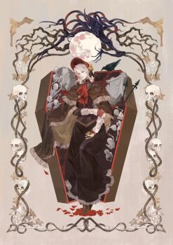 1girl 6+others ascot bird bloodborne bone bonnet boots border brown_cloak cloak coffin comb corset creature crow crying crying_with_eyes_open doll_joints dress eldritch_abomination frilled_corset frills fringe_trim full_body full_moon hand_on_own_arm highres holding holding_comb jewelry joints lace looking_to_the_side messengers_(bloodborne) monster moon moon_presence_(bloodborne) multiple_others necklace ornate_border parted_bangs parted_lips petals plain_doll red_ascot red_bonnet sidelocks simple_background skull squid standing tears tombstone yayaziiii