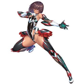 1girl aoi_nagisa_(metalder) bare_shoulders breasts brown_hair covered_erect_nipples covered_navel curvy dark-skinned_female dark_skin elbow_gloves fighting_stance fishnets frilled_leotard frills full_body gloves highleg highleg_leotard highres impossible_clothes impossible_leotard latex leotard lilith-soft lips looking_at_viewer mizuki_yukikaze mizuki_yukikaze_(future) ninja official_art pink_eyes purple_eyes revealing_clothes shiny_clothes shiny_skin short_hair skin_tight small_breasts solo taimanin_(series) taimanin_rpgx taimanin_suit tan thighhighs thong_leotard transparent_background wide_hips