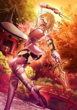 1girl absurdres aida24_7 arm_up artist_name autumn_leaves boots breasts bridge brown_hair covered_mouth danganronpa_(series) danganronpa_2:_goodbye_despair eyelashes fake_claws gloves high_heel_boots high_heels highres holding holding_weapon instagram_username japanese_clothes kimono leaf mask mouth_mask nanami_chiaki ninja ninja_gaiden outdoors pink_eyes pink_gloves pink_kimono pink_mask pink_sash pink_thighhighs sash short_hair shrine sky solo standing standing_on_one_leg thighhighs tree twitter_username water weapon