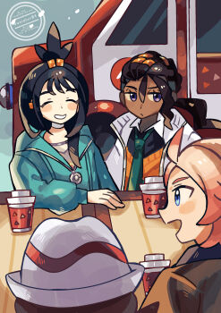 Rule 34 | 2boys, 2girls, :d, ^ ^, anidler91, aqua jacket, blush stickers, closed eyes, commentary, cup, dark-skinned male, dark skin, disposable coffee cup, disposable cup, gradient hair, green necktie, grin, hair between eyes, harmony (pokemon), hat, highres, hood, hooded jacket, jacket, lida (pokemon), loose necktie, multicolored hair, multiple boys, multiple girls, naveen (pokemon), necktie, nintendo, open clothes, open jacket, open mouth, orange hair, orange sweater, pokemon, pokemon legends: z-a, profile, purple eyes, smile, sweater, symbol-only commentary, urbain (pokemon), watermark, white hat, white jacket