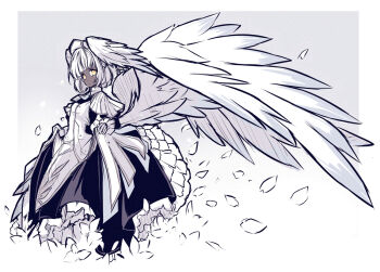 Rule 34 | 1girl, closed mouth, commentary request, dark-skinned female, dark skin, expressionless, eyebrows hidden by hair, flat chest, flower, from side, full body, harpy, hat, head wings, hisui (syarute), looking at viewer, low wings, maid, medium hair, monster girl, original, white hair, white hat, wings