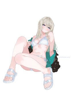 1girl absurdres bikini black_jacket blue_pupils blush breasts commentary_request double-parted_bangs firefly_(honkai:_star_rail) gradient_hair green_jacket hair_between_eyes hair_intakes highres honkai:_star_rail honkai_(series) jacket knees_up looking_at_viewer multicolored_hair multicolored_jacket navel off_shoulder purple_eyes sandals sidelocks simple_background sitting solo swimsuit tapioca_1022 thighs white_background white_bikini white_sandals