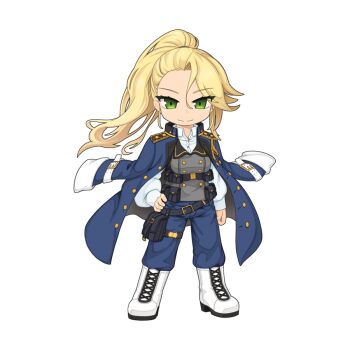 1girl asymmetrical_bangs blonde_hair blue_coat blue_pants boots buttons chibi chibi_only closed_mouth coat coat_on_shoulders collarbone full_body green_eyes grey_vest hand_on_own_hip high_ponytail lace-up_boots long_hair long_sleeves looking_at_viewer maristella_walther official_art pants pants_tucked_in ponytail ragnarok_online shirt simple_background smile solo transparent_background vest white_boots white_shirt yuichirou