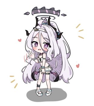 1girl bikini blue_archive breasts chibi chibi_only commentary cosplay e_v_e_neko female_tyrant_(stella_sora) full_body halo highres hina_(blue_archive) horns long_hair looking_at_viewer purple_eyes sandals simple_background small_breasts solo stella_sora swimsuit tyrant_(stella_sora) tyrant_(stella_sora)_(cosplay) white_background wings