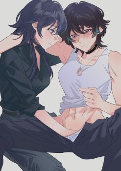 2girls abs absurdres arm_around_neck black_choker black_hair black_pants black_shirt blush chief_(path_to_nowhere) chinese_commentary choker cinnabar_(path_to_nowhere) closed_mouth commentary_request dog_tags female_chief_(path_to_nowhere) fingering grey_background grey_eyes grey_tank_top hakson777 highres long_sleeves midriff multicolored_hair multiple_girls navel pants path_to_nowhere purple_eyes shirt simple_background smile streaked_hair sweat tank_top toned toned_female yuri