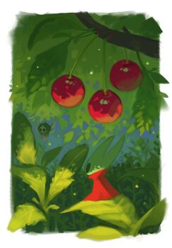 1girl arthropod_girl black_eyes black_skin branch cherry cloak colored_skin commentary flying food fruit full_body highres hollow_eyes hollow_knight hollow_knight:_silksong horned_mask hornet_(hollow_knight) horns leaf mask mini_person minigirl mossmir_(hollow_knight) red_cloak shadow sitting sunmk_s2 symbol-only_commentary white_mask wings