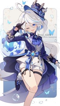 Rule 34 | 1girl, ;d, absurdres, ahoge, artist name, ascot, black gloves, black shoes, blue ascot, blue eyes, blue gem, blue hair, blue hat, brooch, bubble, bug, butterfly, commentary, drop-shaped pupils, foot out of frame, furina (genshin impact), gem, genshin impact, gloves, hair between eyes, hat, highres, insect, jacket, jewelry, long hair, looking at viewer, multicolored hair, one eye closed, open mouth, shoes, shorts, sidelocks, smile, socks, solo, streaked hair, surintendante chevalmarin, symbol-shaped pupils, top hat, two-tone hair, vision (genshin impact), white gloves, white hair, white shorts, white socks, yui 4293
