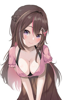 Rule 34 | 1girl, absurdres, azki (hololive), bent over, blush, braid, breasts, brown dress, brown hair, cleavage, collarbone, colored inner hair, commentary, dress, hair between eyes, hair intakes, hair ornament, head tilt, highres, hololive, long hair, looking at viewer, multicolored hair, noayuzuki, pink hair, pink shirt, purple eyes, shirt, smile, solo, very long hair, virtual youtuber, white background