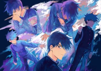 1boy absurdres armband black_hair closed_eyes commentary ekubo_(mob_psycho_100) gakuran hair_over_one_eye highres holding holding_spoon hyeon_0613 kageyama_ritsu kneeling male_focus mob_psycho_100 possessed school_uniform spoon sweatdrop