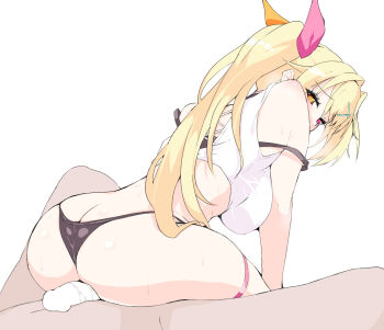 1boy 1girl ass blonde_hair breasts butt_crack buttjob censored commentary_request girl_on_top hair_ornament hair_ribbon hetero heterochromia highres hoshikawa_sara hoshikawa_sara_(1st_costume) large_breasts looking_back nijisanji ohako partial_commentary penis red_eyes reverse_cowgirl_position ribbon shirt simple_background solo_focus straddling sweat teasing thigh_strap tied_shirt virtual_youtuber white_background white_shirt x_hair_ornament yellow_eyes