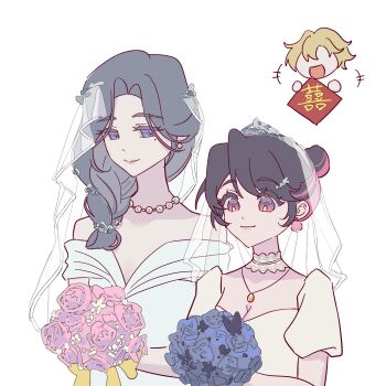 black_hair blue_eyes bouquet braid bride chibi chibi_inset chinese_commentary commentary_request dress earrings flower grey_hair hair_bun hair_over_shoulder highres holding holding_bouquet jewelry lipgloss love_curse:_find_your_soulmate mole mole_under_eye multicolored_hair necklace pink_eyes pink_hair rosalie_qi selene_yan simple_background smile swept_bangs tiara tilamisudaiwozou077 translation_request two-tone_hair upper_body veil victoria_qi wedding wedding_dress white_background white_dress wife_and_wife yuri