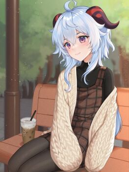 1girl ahoge alternate_costume bench blue_hair casual contemporary cup ganyu_(genshin_impact) genshin_impact highres horns long_hair looking_at_viewer looking_to_the_side outdoors purple_eyes sidelocks sitting smile solo thighs vickie_(cryingrobot)