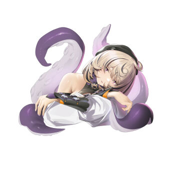 1girl absurdres bare_shoulders beret black_hat commentary crossed_arms english_commentary hat head_on_arm head_rest highres looking_at_viewer mole mole_under_mouth monster_girl najiu_jiao_xiaolan_ba parted_lips purple_eyes purple_nails scylla simple_background solo suction_cups tentacle_girl tentacle_tail tentacles upper_body white_background white_sleeves yidhari_murphy zenless_zone_zero