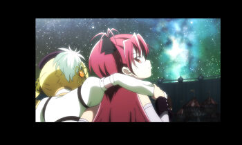 2girls anime_coloring antenna_hair arm_around_shoulder artist_request bare_shoulders beret black_border black_bow black_gloves black_hat black_wrist_cuffs blonde_hair border bow buttons carnival closed_mouth collared_shirt detached_sleeves drill_hair fingerless_gloves flower_hairpin from_behind frown game_cg gem gem_hair_ornament gloves hair_bow hat hat_feather high_collar holding_another&#039;s_arm long_hair long_sleeves looking_at_viewer looking_back magia_record:_mahou_shoujo_madoka_magica_gaiden mahou_shoujo_madoka_magica multiple_girls night night_sky official_art orange_gemstone outdoors ponytail puffy_short_sleeves puffy_sleeves red_eyes red_hair sakura_kyoko shirt short_sleeves sky star_(sky) starry_sky tomoe_mami tsurime twin_drills upper_body very_long_hair white_shirt white_sleeves wrist_cuffs