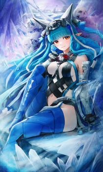 Rule 34 | 1girl, absurdres, arknights, arknights: endfield, bare shoulders, blue hair, blunt bangs, bodysuit, cherun, commentary, demon girl, demon horns, hat, highres, horns, ice, last rite (arknights), long hair, long sidelocks, looking at viewer, orange eyes, pointy ears, sidelocks, skull, solo