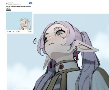 1girl capelet closed_mouth cloud cloudy_sky earrings elf frieren from_behind gold_trim green_eyes grey_hair hair_over_shoulder highres jewelry long_hair meloni_shvarts meme parted_bangs pointy_ears reference_inset ringed_eyes shirt sky solo sousou_no_frieren striped_clothes striped_shirt upper_body upward_angle_frieren_drawing_(meme) white_capelet