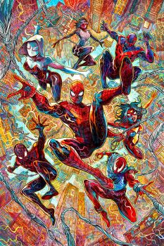 3girls 4boys abstract_background animal_print architecture arm_blade ben_reilly black_bodysuit black_hair blue_bodysuit blue_hoodie blue_jacket blue_mask bodysuit building cindy_moon city cityscape commentary english_commentary gloves glowing_bodysuit gwen_stacy highres hood hooded_bodysuit hoodie jacket jessica_drew long_hair marvel mask miguel_o&#039;hara miles_morales mouth_mask multicolored_bodysuit multiple_boys multiple_girls muscular muscular_male peter_parker print_bodysuit red_bodysuit red_eyes red_mask scarlet_spider shoes silk silk_(marvel) skin_tight skyscraper smile spandex spider-gwen spider-man spider-man_(2099) spider-man_(miles_morales) spider-man_(series) spider-verse spider-verse_(comics) spider-woman spider_print spider_web spider_web_print superhero_costume torn_clothes torn_hoodie two-tone_bodysuit vinartwork weapon web_shooter western_comics_(style) white_bodysuit white_eyes yellow_bodysuit yellow_gloves
