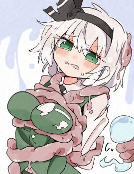 1girl black_hairband blush breasts collared_shirt commentary_request embarrassed grabbed_by_tentacles green_eyes green_skirt green_vest grey_hair hairband highres hitodama hitodama_print konpaku_youmu konpaku_youmu_(ghost) large_breasts looking_at_viewer medium_hair minoru_minoru open_mouth restrained shirt skirt skirt_set solo tentacles touhou vest white_shirt