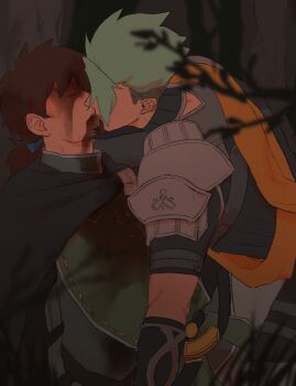 Rule 34 | 2boys, achilles (fate), armor, azi pra, black cape, blue ribbon, brown hair, cape, closed eyes, commentary request, facial hair, fate/grand order, fate (series), goatee, green hair, green tabard, hector (fate), highres, kiss, male focus, mature male, multiple boys, outdoors, ribbed shirt, ribbon, shirt, sideburns, tabard, yaoi