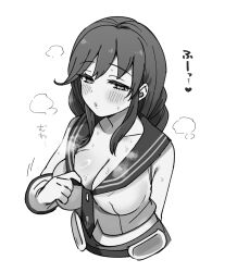 Rule 34 | 1girl, breasts, cleavage, collarbone, commentary request, greyscale, highres, kantai collection, large breasts, long hair, low twintails, monochrome, noshiro (kancolle), saburou 03, sailor collar, school uniform, serafuku, shirt, shirt tug, sleeveless, sleeveless shirt, solo, twintails, upper body