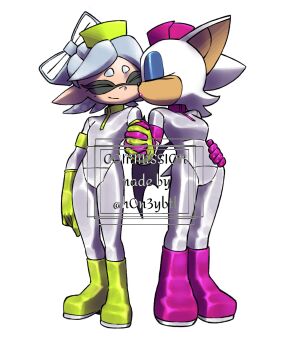animal_ears bat_ears bat_wings bodysuit boots commission crossover gloves h0n3ybtl hat holding_hands inkling kiss latex latex_bodysuit latex_boots latex_gloves marie_(splatoon) matching_outfits nurse nurse_cap rouge_the_bat tail watermark wings yuri