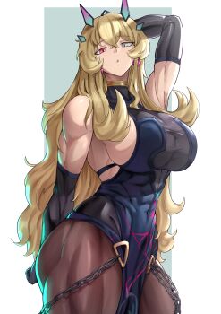 1girl abs absurdres bare_shoulders barghest_(fate) barghest_(second_ascension)_(fate) biceps black_dress black_gloves blonde_hair breasts brown_pantyhose chain dress elbow_gloves fate/grand_order fate_(series) gloves green_eyes heterochromia highres horns large_breasts long_hair looking_at_viewer lucasaobari muscular muscular_female pantyhose parted_lips pelvic_curtain red_eyes solo thick_thighs thighs