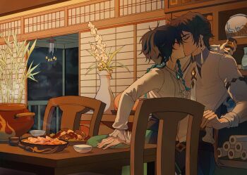 2boys absurdres braid chair closed_eyes earrings flower food genshin_impact highres jewelry kallynnekmi kiss long_sleeves male_focus multiple_boys plant table twin_braids unworn_sleeves venti_(genshin_impact) yaoi zhongli_(genshin_impact)