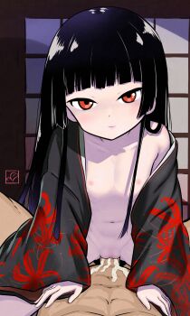 1boy 1girl absurdres artist_logo bad_tag black_hair black_kimono blush breasts clitoral_hood clitoris closed_mouth collarbone commission cowgirl_position cum cum_in_pussy elementary_(lolipope) enma_ai flat_chest flower flower_print girl_on_top half-closed_eyes hands_on_another&#039;s_chest happy happy_sex highres hime_cut japanese_clothes jigoku_shoujo kimono lips logo loli long_hair looking_at_viewer older_male_and_younger_female open_clothes open_kimono pixiv_commission pov pussy pussy_juice red_eyes ribs screen_door sex small_breasts smile spider_lily straddling straight_hair vaginal visible_ribs