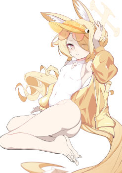 1girl above-cleavage_cutout absurdres animal_ear_fluff animal_ears armpits ass barefoot blonde_hair blue_archive clothing_cutout covered_navel cross_halo diamond_cutout fox_ears fox_girl fox_tail full_body halo highleg highleg_one-piece_swimsuit highres jacket kura_chikara_ne loli long_hair looking_at_viewer official_alternate_hairstyle one-piece_swimsuit open_clothes open_jacket orange-tinted_eyewear seia_(blue_archive) seia_(swimsuit)_(blue_archive) solo sunglasses swimsuit tail tinted_eyewear toes visor_cap white_one-piece_swimsuit yellow_halo yellow_jacket yellow_visor