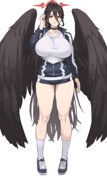 1girl absurdres bare_legs black_choker black_hair black_wings blue_archive blue_jacket blue_shoes blue_shorts breasts choker collarbone commentary_request feathered_wings full_body hair_between_eyes halo hasumi_(blue_archive) hasumi_(track)_(blue_archive) highres huge_breasts jacket korean_commentary ksksksa long_hair long_hair_between_eyes looking_at_viewer mole mole_under_eye official_alternate_costume partially_unzipped ponytail red_eyes shirt shoes short_shorts shorts simple_background smile sneakers socks solo track_jacket very_long_hair white_background white_shirt white_socks wings