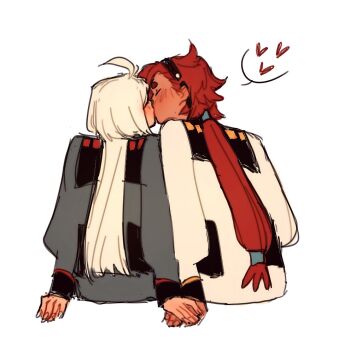 Rule 34 | 2girls, asticassia school uniform, black hairband, blush, closed eyes, commentary, diezmil10000, from behind, green jacket, gundam, gundam suisei no majo, hairband, heart, holding hands, jacket, kiss, long hair, miorine rembran, multiple girls, ponytail, red hair, school uniform, simple background, spoken heart, suletta mercury, thick eyebrows, white background, white hair, white jacket, yuri