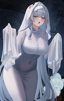 1girl :o blush breasts brown_dust_(series) brown_dust_2 covered_navel gaitoou ghost_girl_(niyeye2019) granhildr_(brown_dust) hands_up highres large_breasts long_hair looking_at_viewer night open_mouth sidelocks sleeves_past_fingers sleeves_past_wrists solo white_hair yellow_eyes