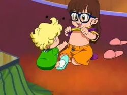 animated clothes_lift dr._slump flat_chest glasses loli lowres norimaki_arale sandals shirt_lift sound spanish tagme video