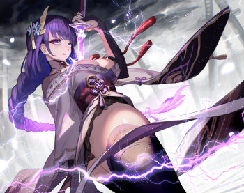 1girl black_thighhighs blue_flower blurry blurry_background braid breasts bridal_gauntlets cleavage cloud cloudy_sky electricity fan_hair_ornament flower flower_ornament from_side genshin_impact glowing glowing_hair glowing_sword glowing_weapon gluteal_fold gradient_hair grey_background grey_sky hair_ornament hair_ribbon highres japanese_clothes katana kimono lack large_breasts leaning_back lingerie long_braid long_sleeves mitsudomoe_(shape) mole mole_under_eye multicolored_hair musou_isshin_(genshin_impact) neck_ribbon off_shoulder outdoors parted_lips powering_up purple_eyes purple_hair purple_kimono purple_ribbon raiden_shogun red_ribbon ribbon shade single_braid sky solo storm streaked_hair sword thick_thighs thighhighs thighs tomoe_(symbol) underwear upper_body weapon wide_sleeves