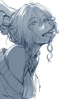 1boy 1girl absurdres ahegao bare_shoulders blush breasts breasts_out clothed_sex clothes_lift collarbone commentary doggystyle drooling empty_eyes english_commentary female_orgasm fucked_silly grabbing_another's_hair hair_between_eyes hairband heavy_breathing hetero hews highres holding_another's_hair kaoru_hana_wa_rin_to_saku mind_break nipples nude open_mouth orgasm puffy_nipples rolling_eyes rough_sex saliva sex sex_from_behind sketch small_sweatdrop solo solo_focus sweat tongue tongue_out uncensored unfinished waguri_kaoruko wispy_bangs